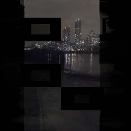 A fragmented image of a nighttime view from Greenwich Peninsula to Canary Wharf