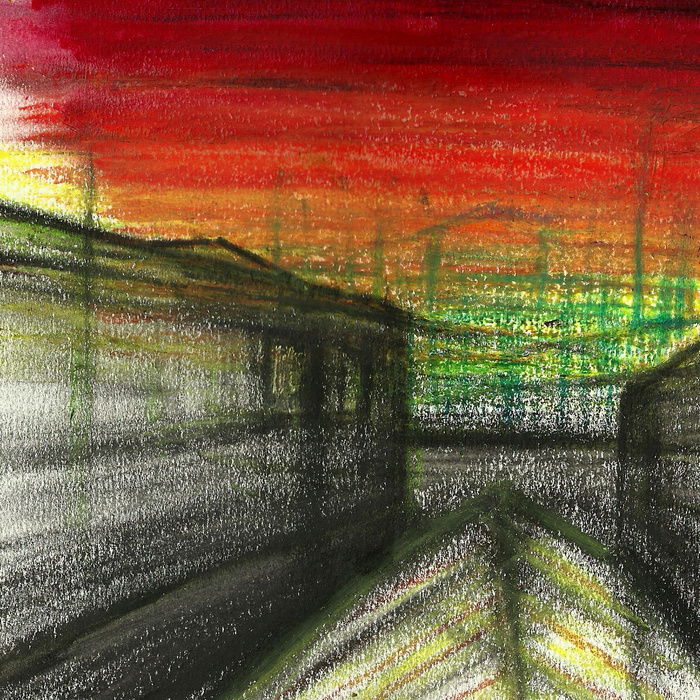 an oil pastel drawing of the view from Muthers Studio in Birmingham with the city centre in the distance